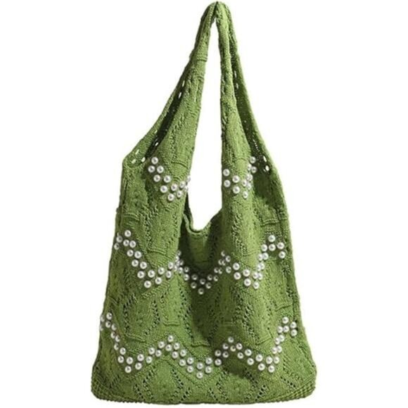 Boho Crochet Beach Tote Bag with White Bead Inlay - Picture 1 of 4